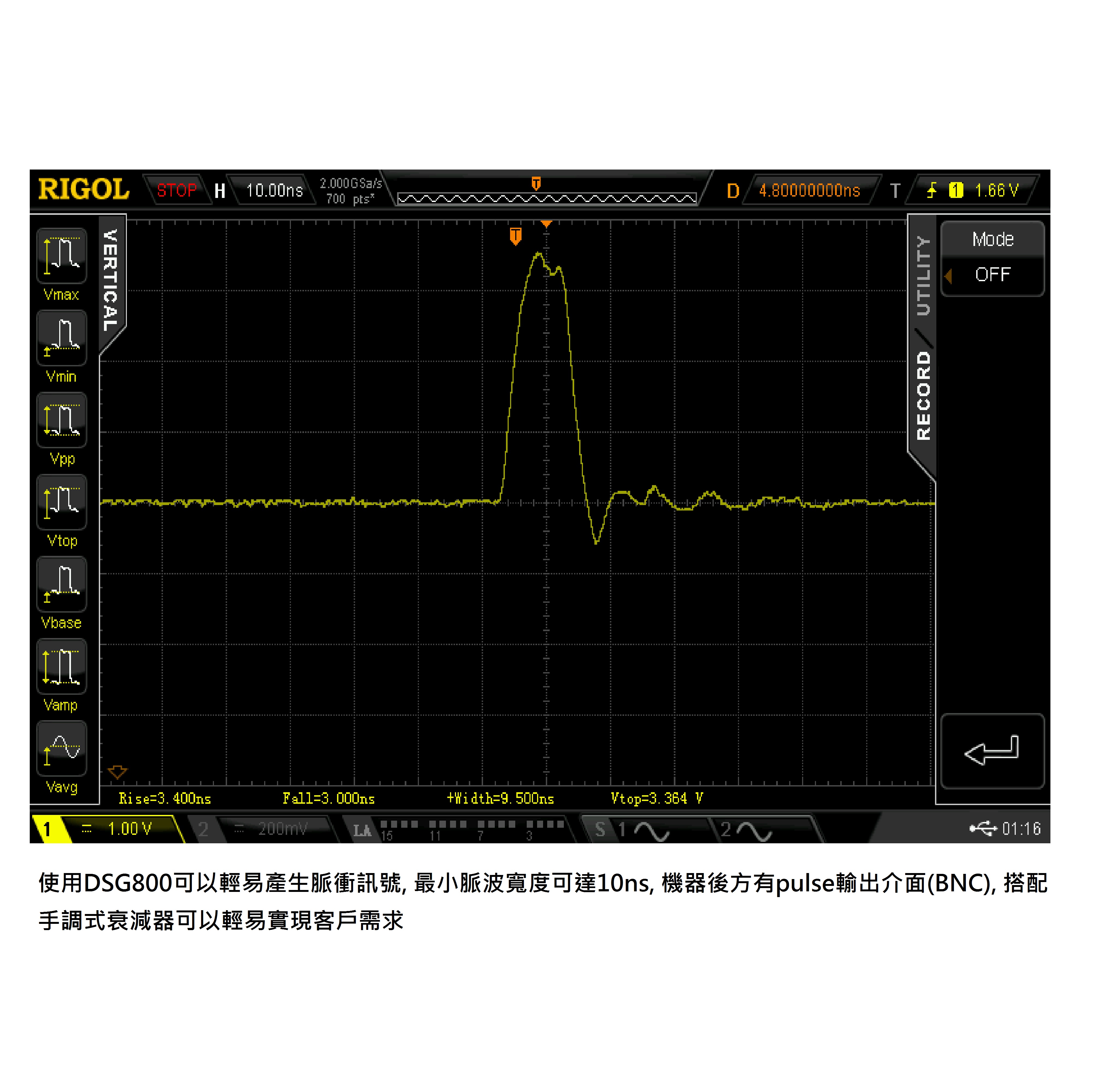 DSG800系列內建脈衝訊號產生器功能,最小可產生10ns脈衝